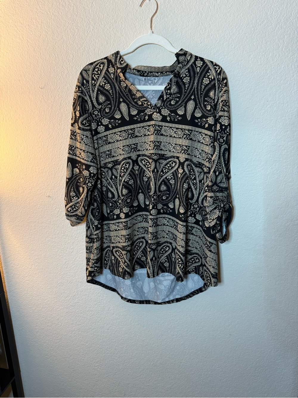 Black and Cream Paisley V-Neck Women's Top